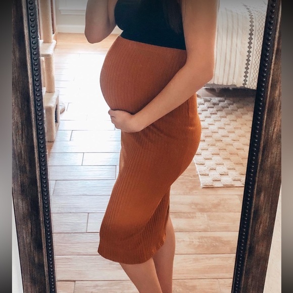 Used Camel Basic Plain Stretchy Ribbed Knit Split Skirt Maternity Option - Picture 8 of 8